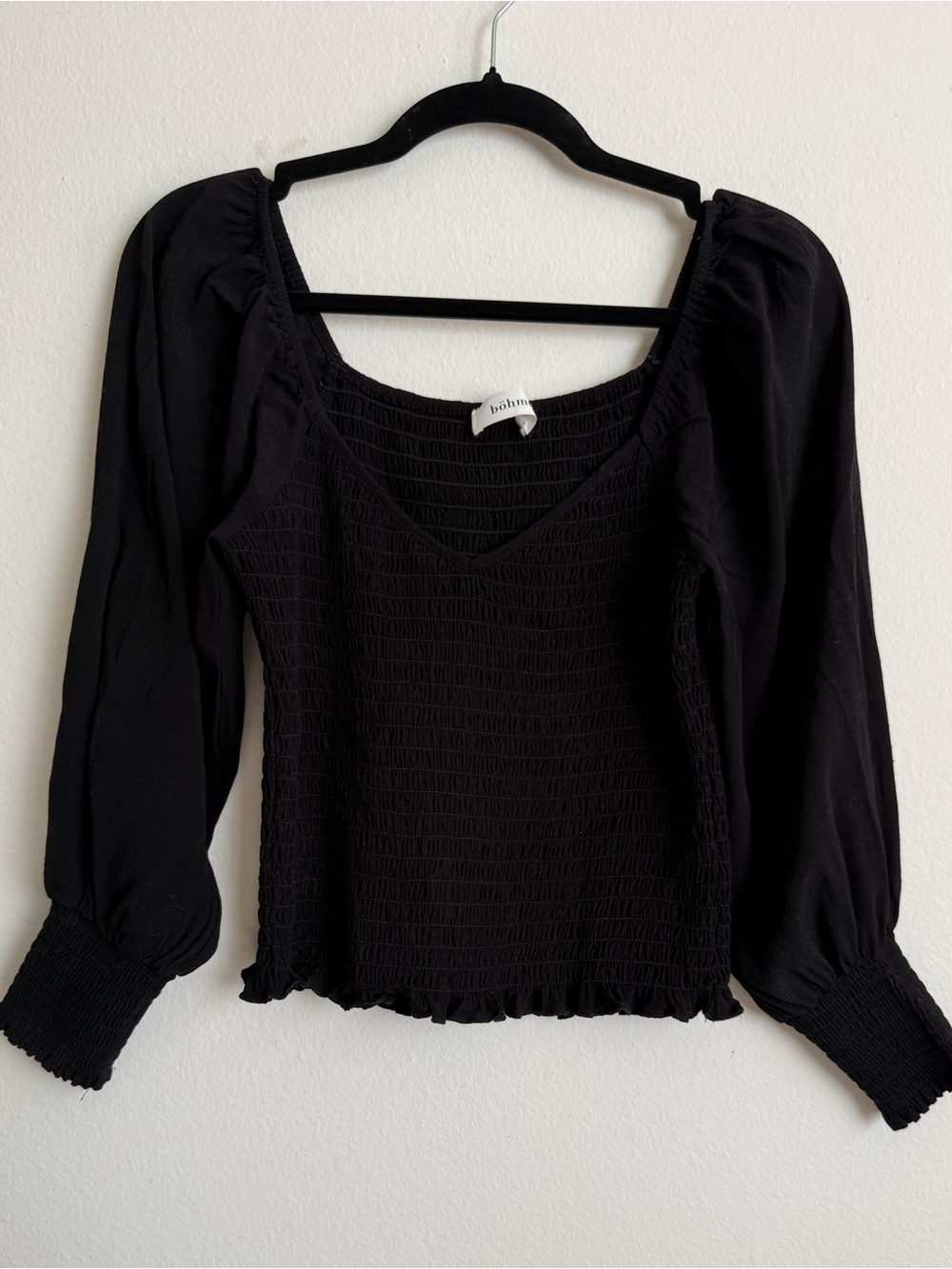 Böhme Black Smocked Puff Sleeve Long Sleeve Blouse